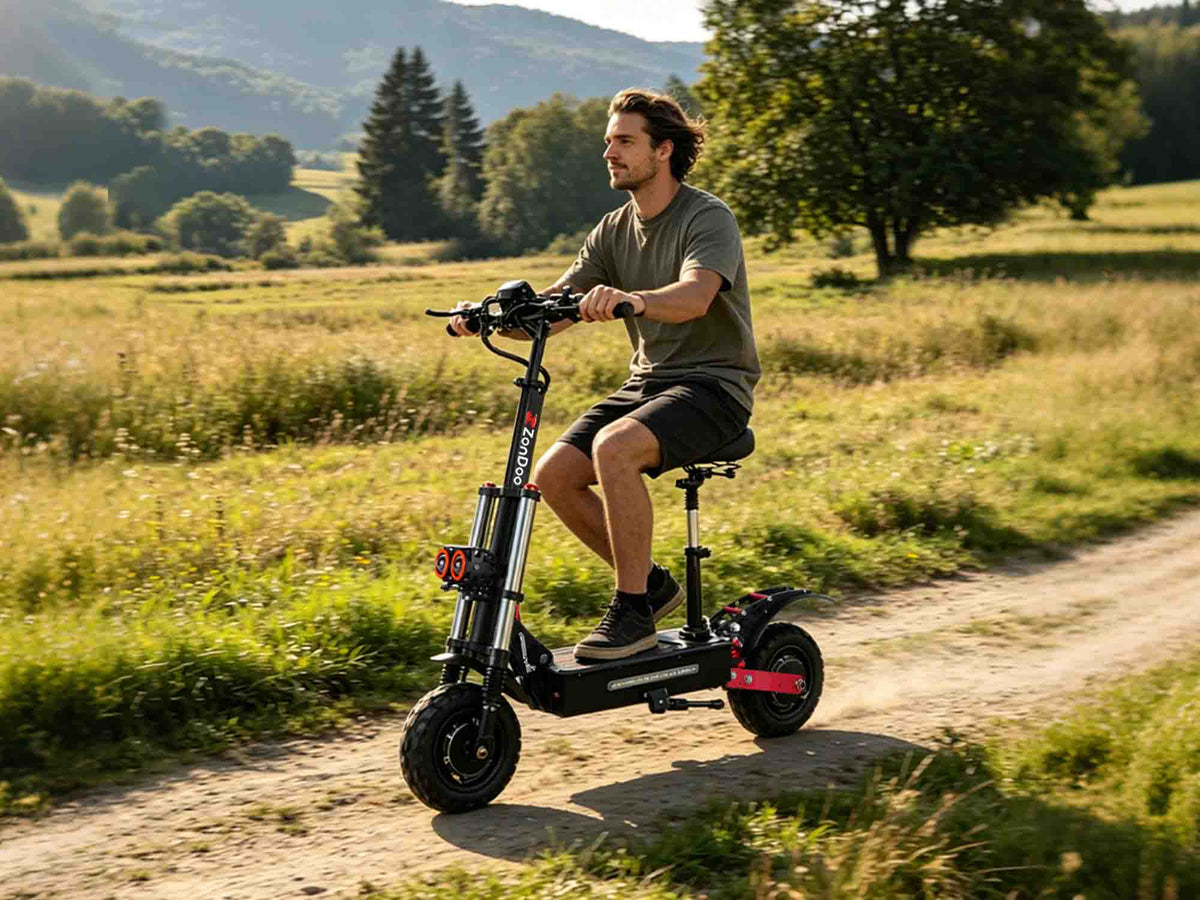 Person riding a ZO03 5600W electric scooter on a dirt trail with mountains in the background