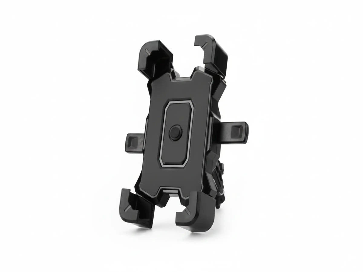 A black rugged phone mount or clip accessory with a central screw fastener and side adjustment tabs, shown on a plain white background.