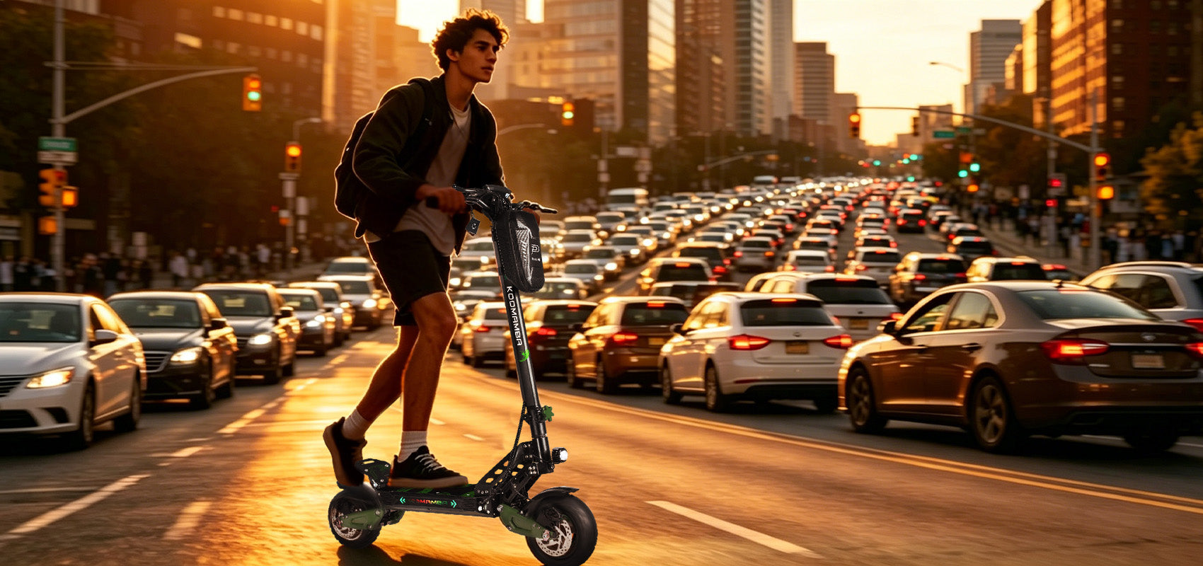 GooBee ZU06 electric scooter commuting on city street with traffic lights and pedestrians – 35 mph speed and 50-mile range for urban rider