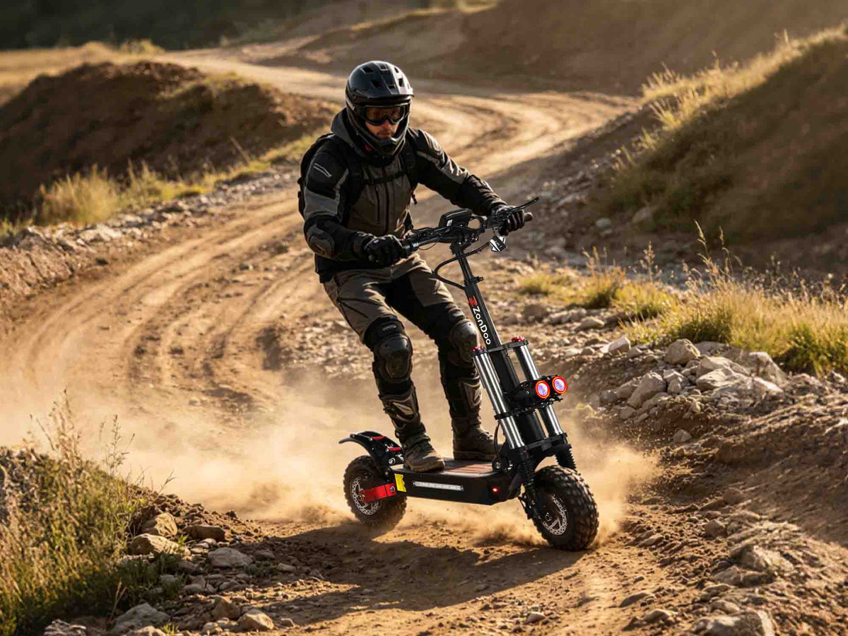 Person riding a ZO03 5600W electric scooter on a dirt trail with mountains in the background