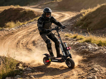 Person riding a ZO03 5600W electric scooter on a dirt trail with mountains in the background